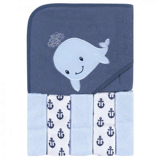 Hudson Baby - Hooded Towel & Five Wash Cloths Gift Set Sailor Whale - NB0135