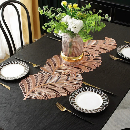 3 Piece Leaf Table Runner and Placemat Set Heat Resistant Table Mat Luxury Iris Leaves PVC Placemat - PM047
