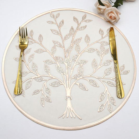 Gold Tree Placemats, Round Vinyl Placemats, Non-Slip Waterproof Large Dining Plate Mats - PM045