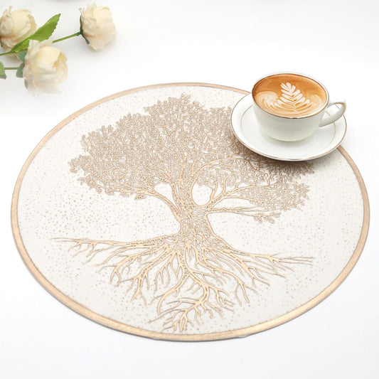 Gold Round Vinyl Placemat, Round Table Mat Easy to Clean Waterproof Dining Table Mat for Kitchen Family Gathering Dinner- PM048