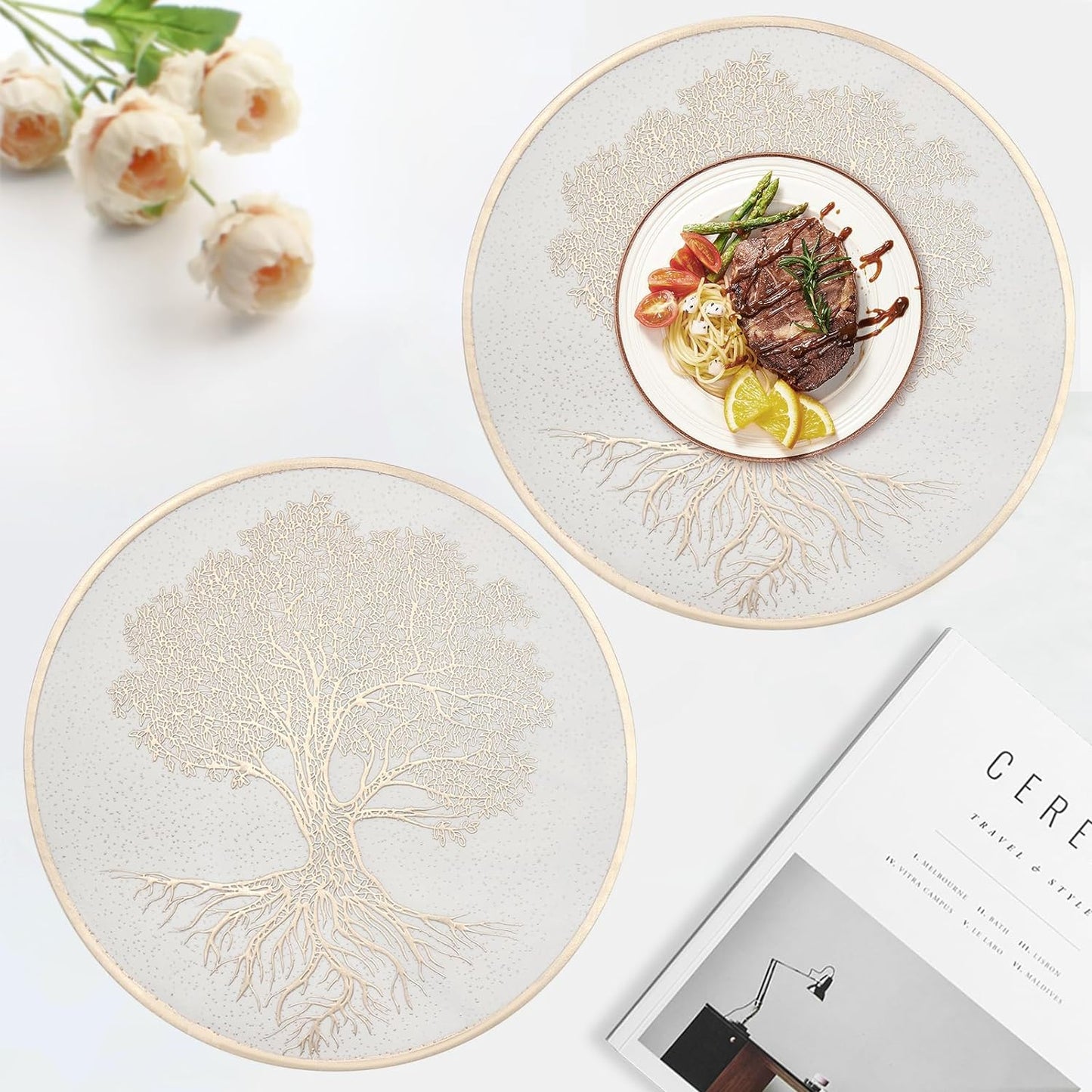 Gold Round Vinyl Placemat, Round Table Mat Easy to Clean Waterproof Dining Table Mat for Kitchen Family Gathering Dinner- PM048
