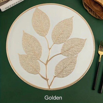 Gold Tree Placemat, Round Vinyl Placemat, Non-Slip Waterproof Large Dining Plate Mats for Home Decoration Family Gathering Wedding Outdoor - PM049