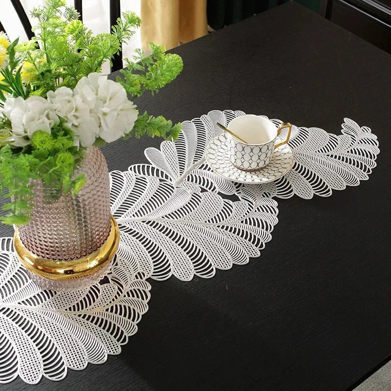 3 Piece Leaf Table Runner and Placemat Set Heat Resistant Table Mat Luxury Iris Leaves PVC Placemat - PM047